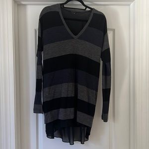 Long sleeve black/grey/navy striped Theory long sleeved dress.